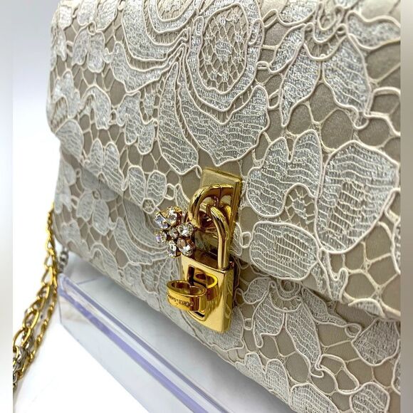 Auth Dolce & Gabbana Floral Lace Taormina Clutch Gold Silver Chains Straps - Picture 2 of 16